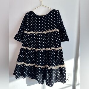 Hanna Andersson Black and Cream Velour Polka Dot Dress with Flare sleeves